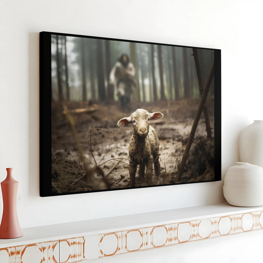 The Lost Sheep Canvas Wall Art | Jesus Finding The Lamb Portrait | Premium Gallery Wrap Decor | Religious Gift For Christian Home