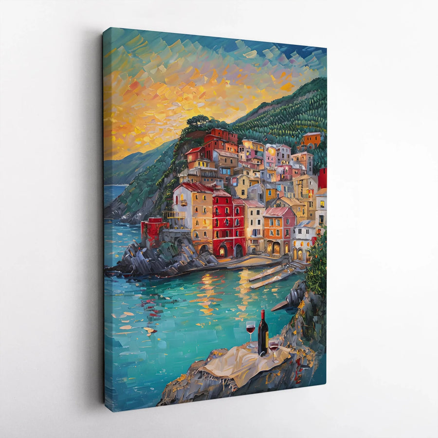 Italian Coastal Village Canvas Print | Mediterranean Seascape Oil Painting Style | Premium 1.25" Gallery Wrap | Travel Gift Wall Decor