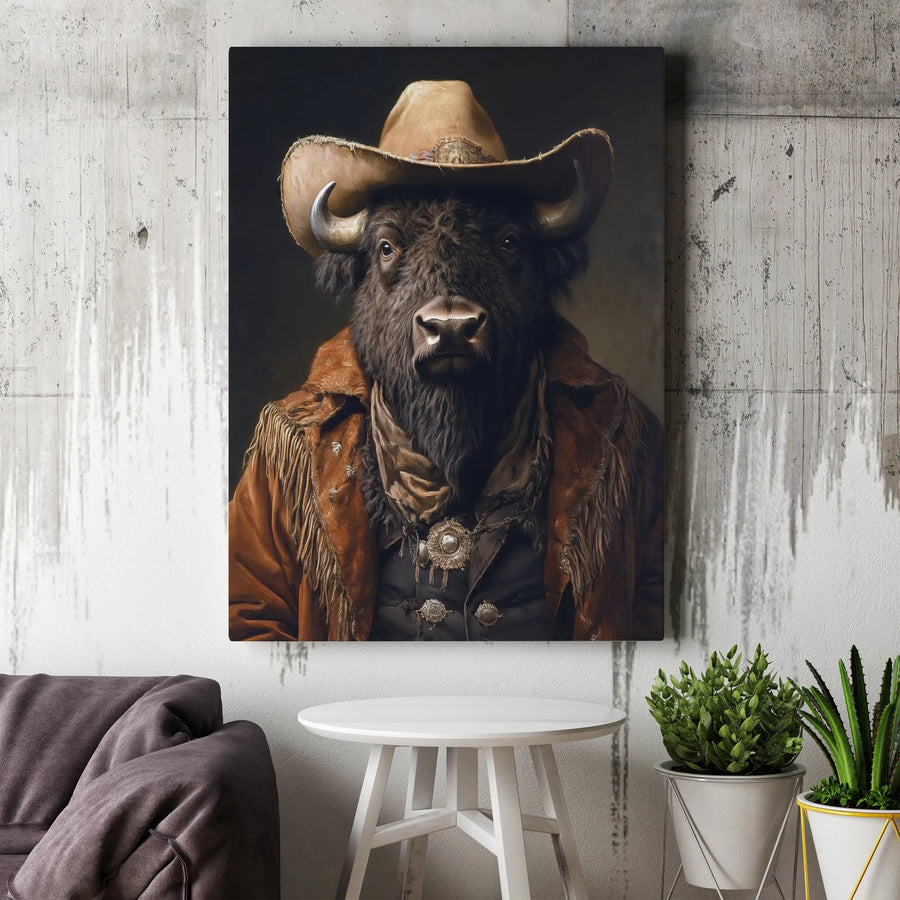 Western Bison Cowboy Canvas Print | Anthropomorphic Buffalo Portrait | 1.25 Inch Gallery Wrap | Rustic Farmhouse Wall Decor Gift