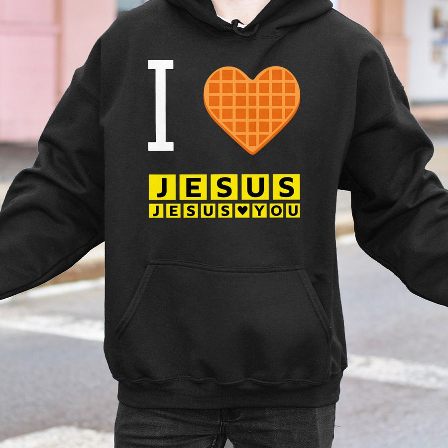 I Love Jesus Waffle Heart Hoodie | Funny Christian Breakfast Graphic | Soft Cotton-Polyester Blend | Religious Gift for Men and Women