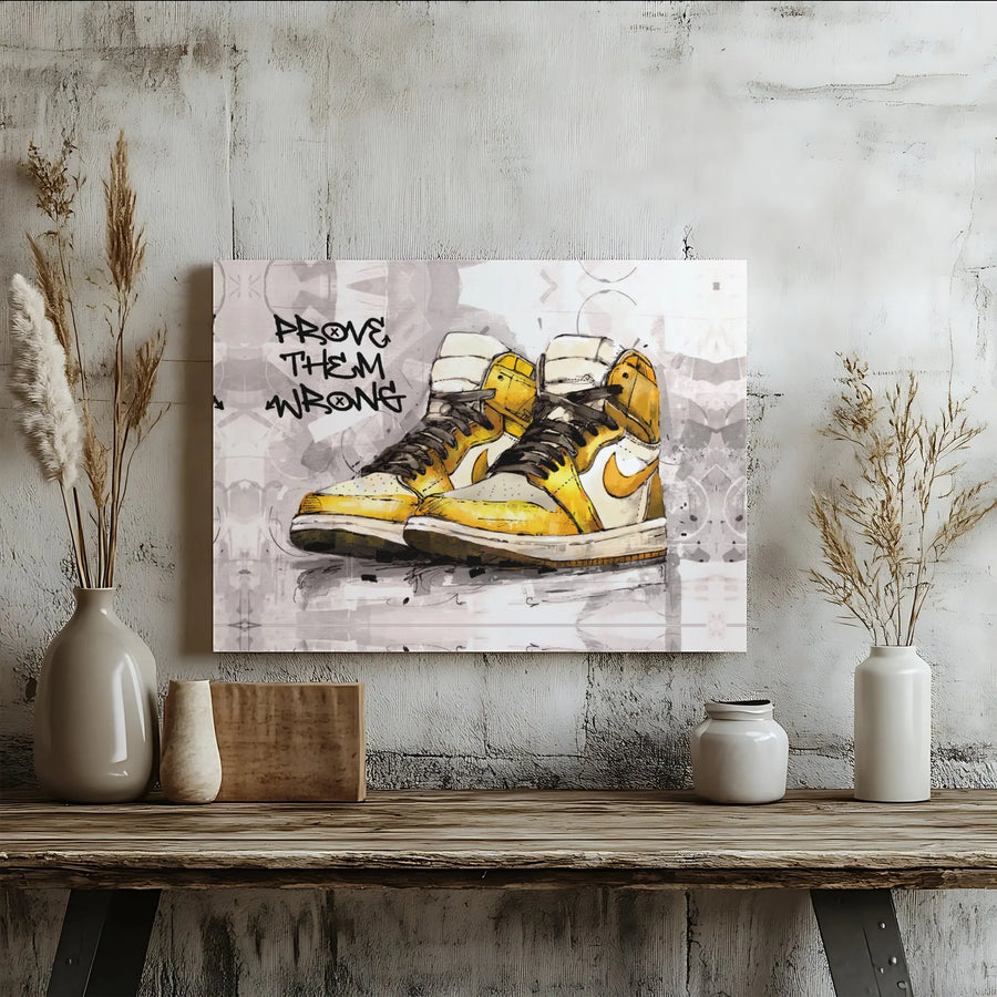 Prove Them Wrong Sneaker Canvas Art | Yellow High-Top Basketball Shoes Design | Premium 1.25-Inch Thick Gallery Print | Motivational Wall Decor for Sneakerheads