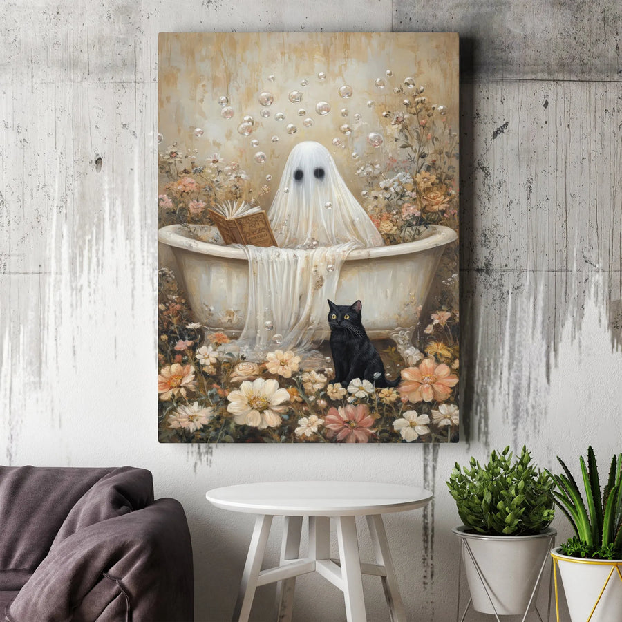 Ghost Reading Book Canvas Art | Whimsical Bathtub & Black Cat Decor | Gallery-Wrapped Premium Print | Spooky Cottagecore Wall Decor Gift