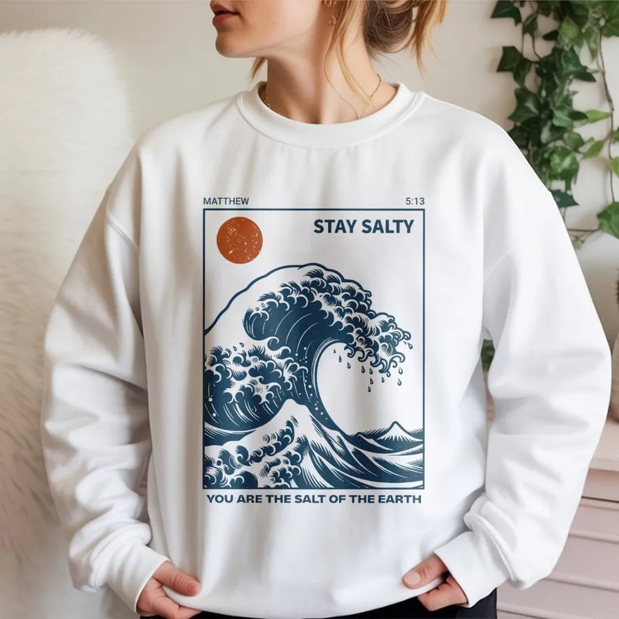 Stay Salty Christian Sweatshirt | Matthew 5:13 Wave Graphic | Premium Cotton Blend | Faith-Based Gift for Men and Women