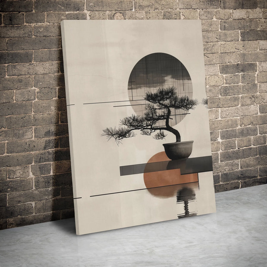 Japandi Bonsai Tree Canvas Wall Art | Geometric Sun Minimalist Print | 1.25 Inch Gallery Wrap | Zen Home Decor for Living Room