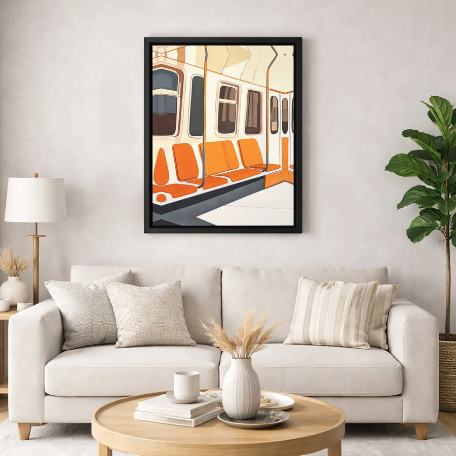 Subway Car Canvas Wall Art | Mid-Century Modern Orange Train Interior | Gallery-Quality 1.25 Inch Thick Print | Urban City Commuter Home Decor