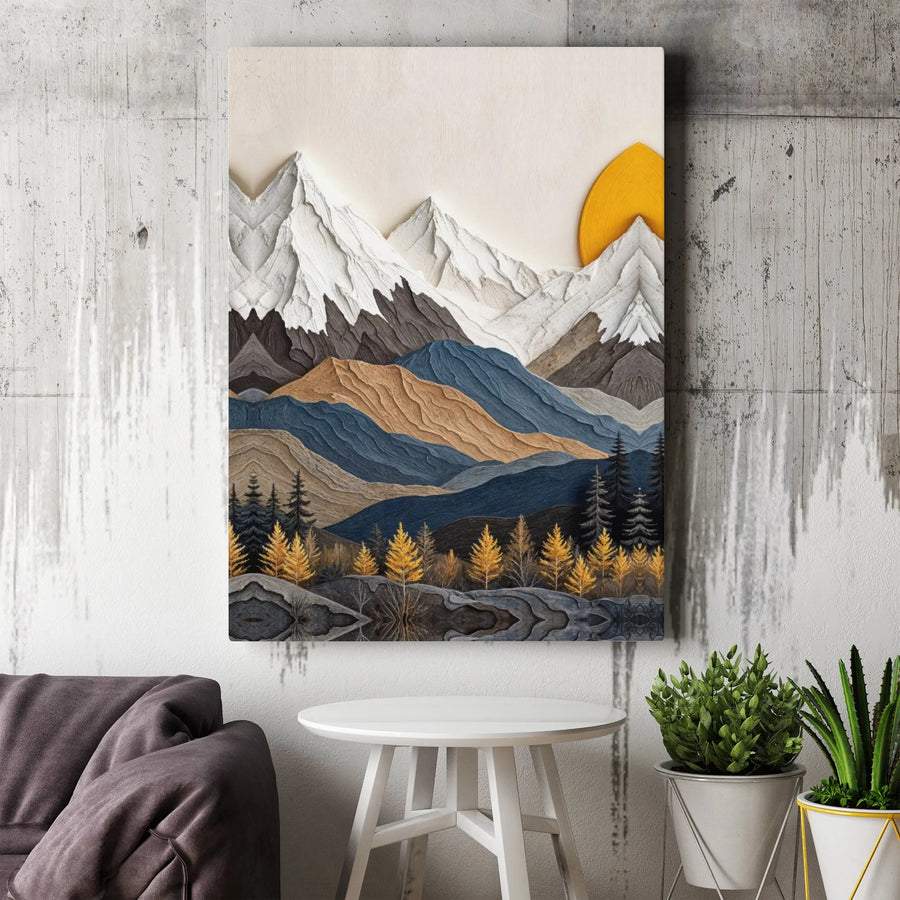 Mountain Landscape Canvas Wall Art | Layered Snow Peaks Sunset Print | Premium 1.25 Inch Gallery Wrap | Modern Home Office Decor Gift