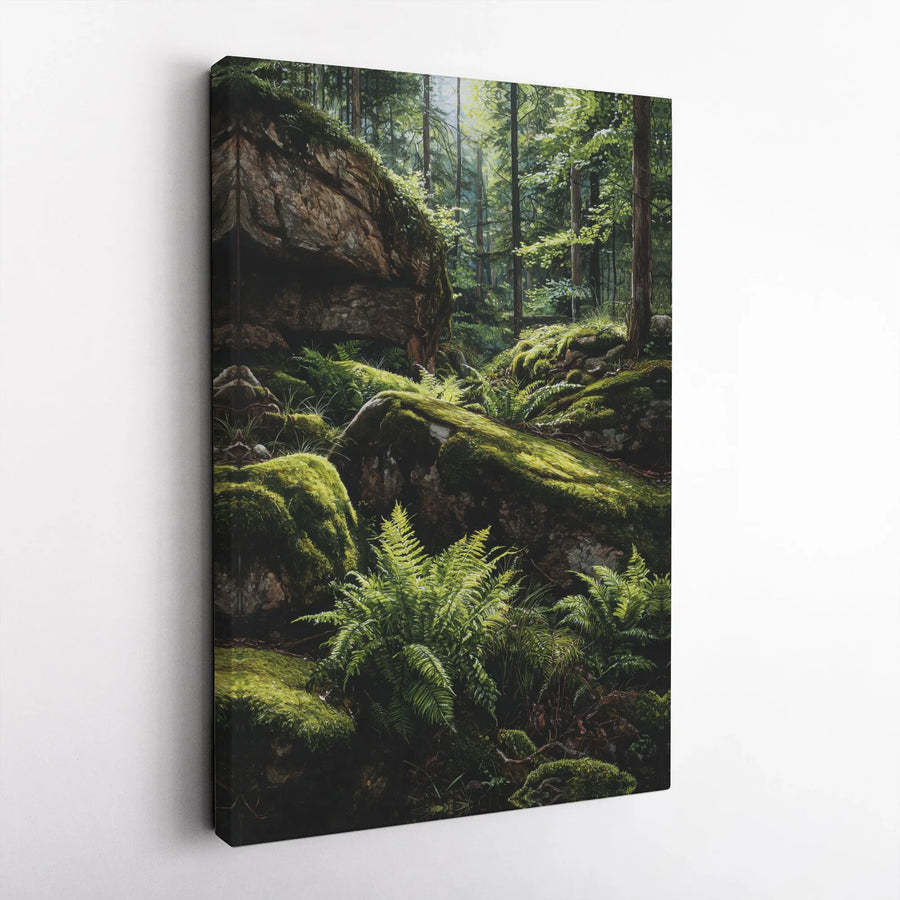 Mossy Forest Canvas Wall Art | Sunlit Woodland Scene with Lush Ferns | Premium Fade-Resistant Canvas | Nature Lover Gift for Living Room