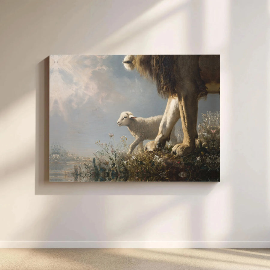 Lion and Lamb Wall Art | Biblical Oil Painting Print | Gallery-Quality 1.25” Canvas | Religious Home Decor & Christian Gift