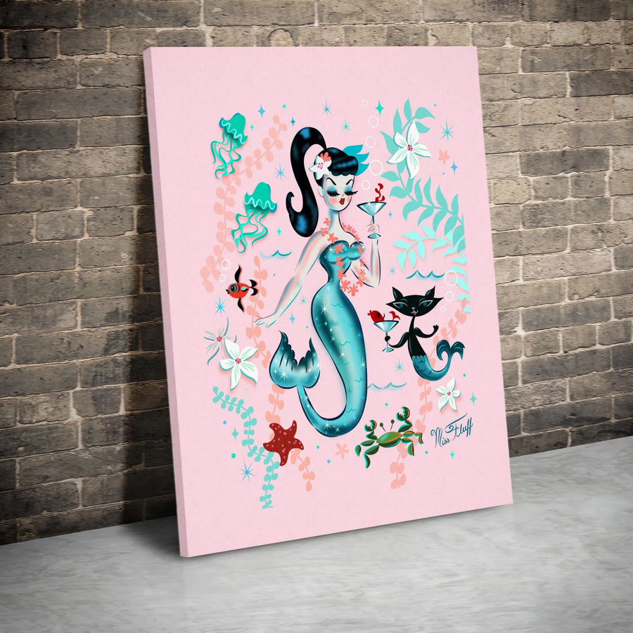 Retro Mermaid Wall Art | Mid-Century Pin-Up Mer-Cat Canvas | Fade-Resistant Gallery Quality Decor | Whimsical Ocean Theme Gift for Her