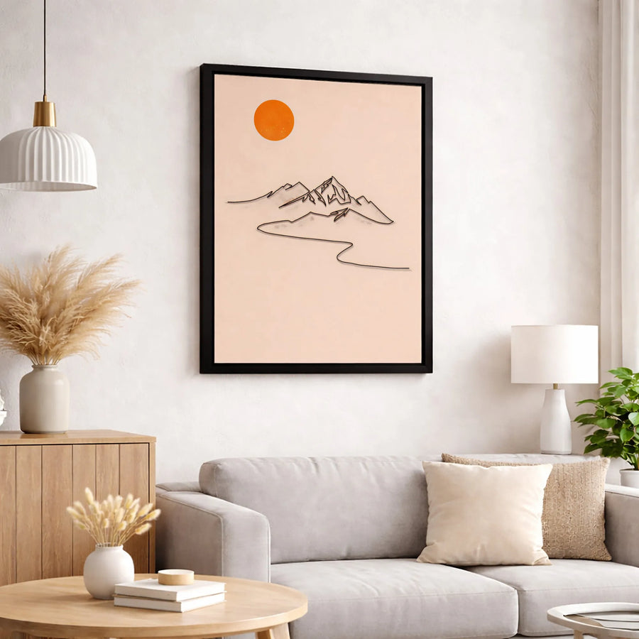 Minimalist Mountain Line Art Canvas | Abstract Sun Landscape Print | Premium 1.25" Gallery Wrap | Modern Neutral Home Decor Wall Art