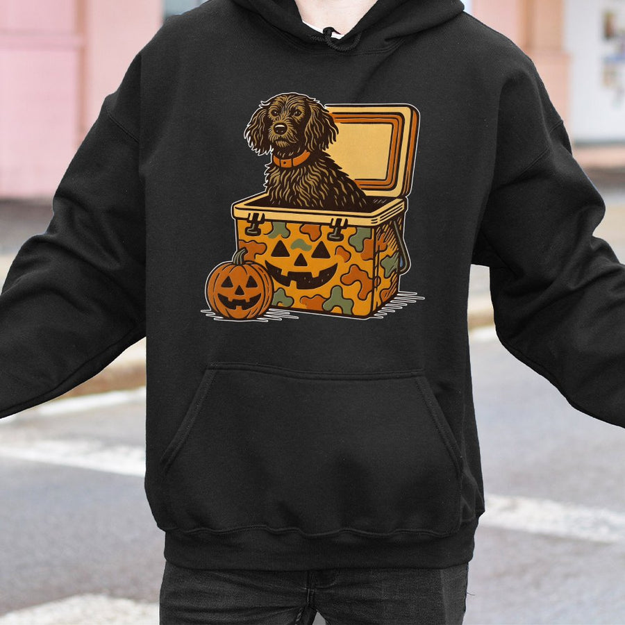 Boykin Spaniel Halloween Hoodie | Hunting Dog In Camo Cooler Graphic | Premium Cotton Blend | Gift For Dog Lovers And Outdoor Enthusiasts