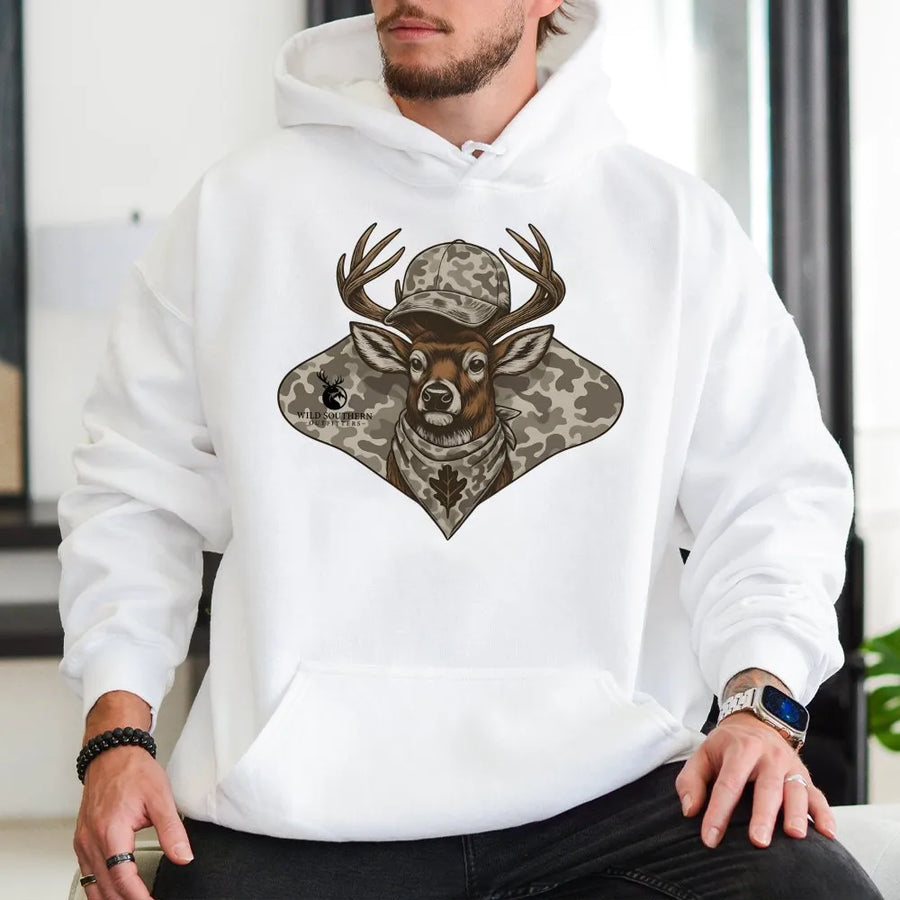 Deer Hunting Hoodie | Camo Buck Graphic with Bandana | Premium Cotton Blend | Gift for Outdoorsmen and Wildlife Enthusiasts