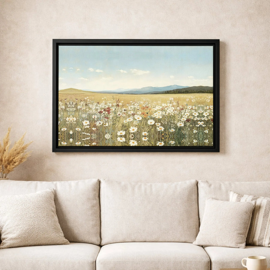 Wildflower Meadow Landscape Canvas | Mountain Daisy Field Wall Art | Premium Fade-Resistant Print | Farmhouse Home Decor Gift