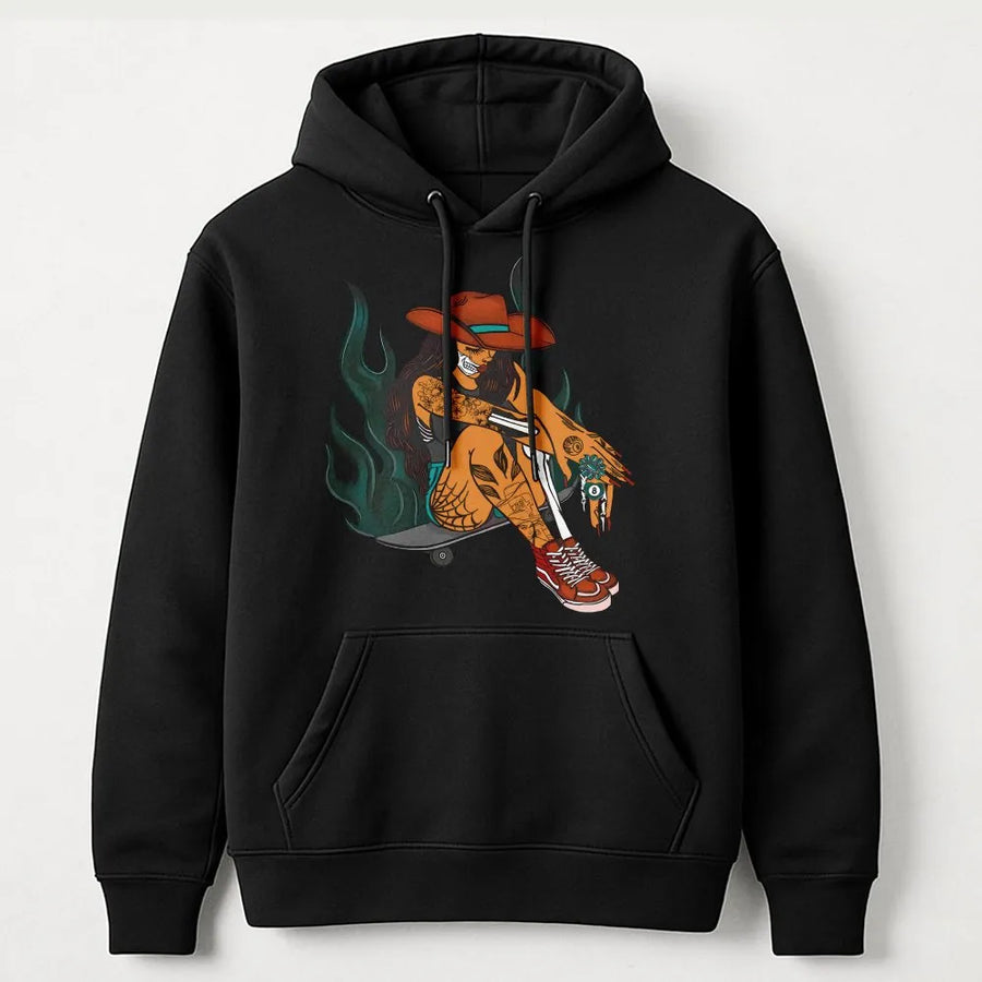Western Goth Hoodie | Tattooed Cowgirl on Skateboard Graphic | Premium Cotton-Blend Sweatshirt | Keep on Rollin' Alt Streetwear Gift
