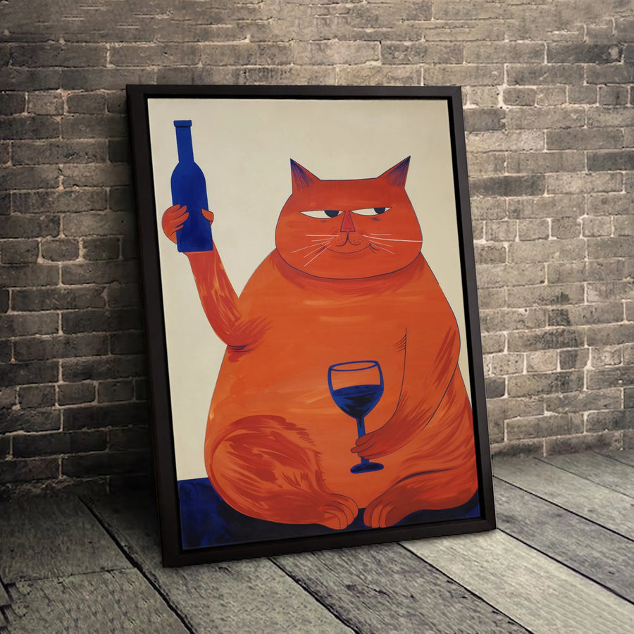 Fat Orange Cat Wall Art | Funny Wine Drinking Pet Illustration | Premium Gallery Wrapped Canvas | Whimsical Kitchen Decor Gift