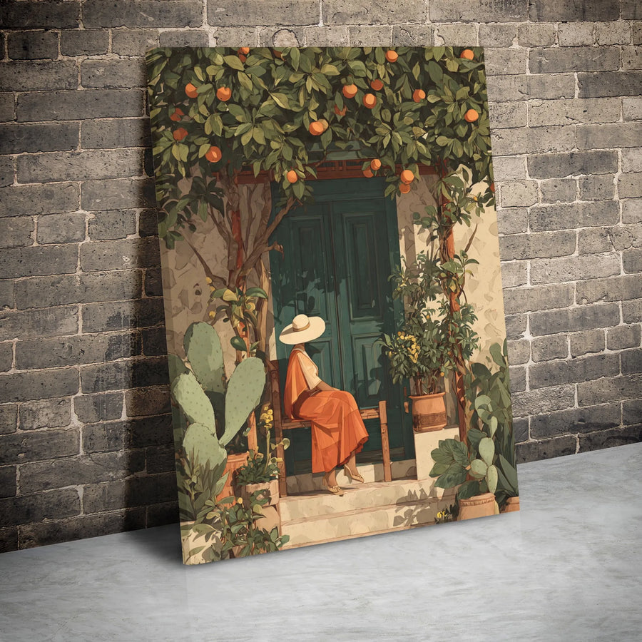 Mediterranean Porch Wall Art | Woman Under Orange Tree Canvas Print | 1.25 Inch Gallery Wrap | Elegant Coastal Home Decor Gift