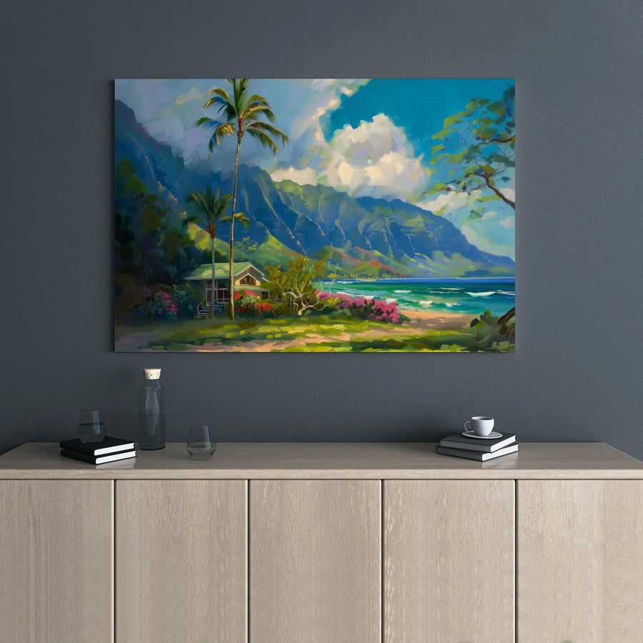 Tropical Beach House Canvas Print | Hawaii Coastal Landscape Art | 1.25 Inch Gallery Wrap Wall Decor | Premium Island Living Gift