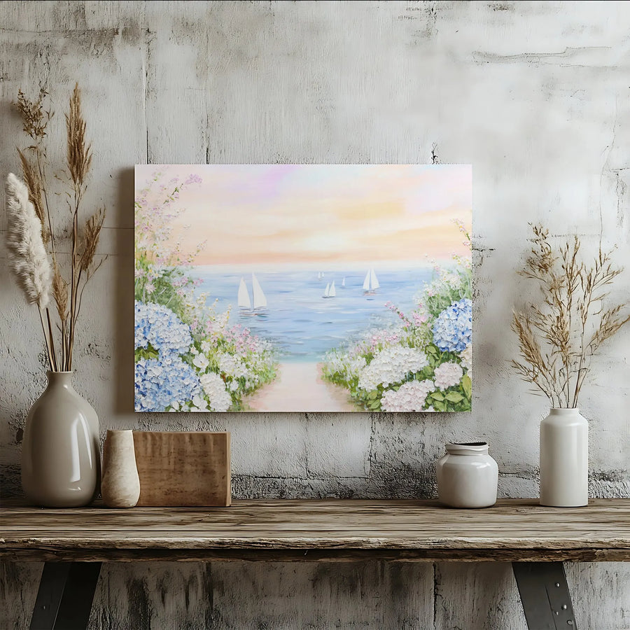 Coastal Hydrangea Wall Art | Sailboat Ocean Seascape Painting | Premium Gallery Wrapped Canvas | Serene Beach House Home Decor Gift