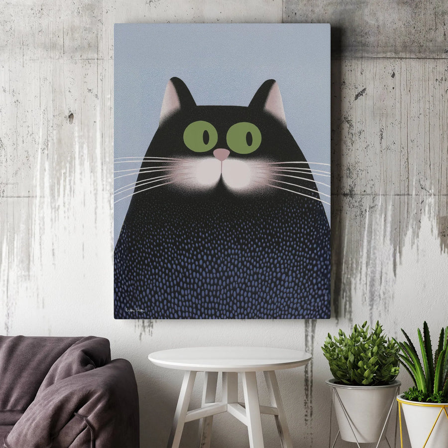 Black Cat Wall Art | Whimsical Modern Graphic Portrait with Green Eyes | Premium Gallery-Wrapped Canvas | Quirky Home Decor Gift for Cat Lovers