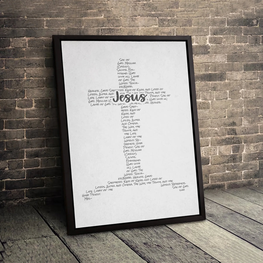 Jesus Names Of God Cross Canvas Art | Religious Typographic Script Wall Decor | Premium Fade-Resistant Print | Christian Home Decor Gift