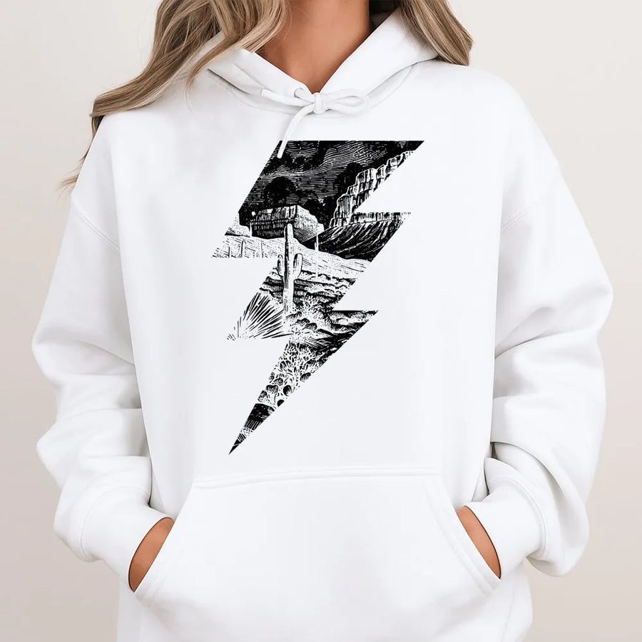 Western Desert Lightning Bolt Hoodie | Boho Cactus Graphic Print | Premium Cotton-Blend Sweatshirt | Rodeo Country Style Gift For Her
