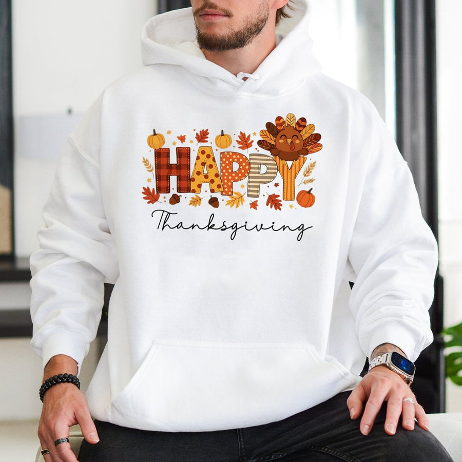 Happy Thanksgiving Hoodie | Cute Turkey Fall Graphic | Premium Cotton Blend | Unisex Holiday Gift for Women and Men