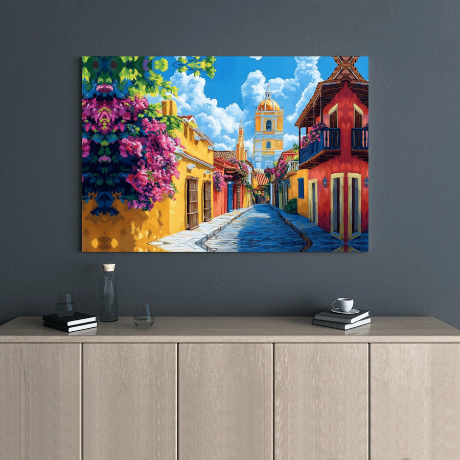 Spanish Colonial Street Canvas Art | Vibrant Cartagena Architecture With Bougainvillea | Gallery Wrapped Premium Print | Mediterranean Home Decor Gift