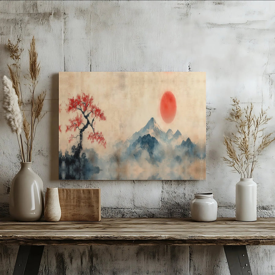 Japanese Ink Painting Canvas Wall Art | Mount Fuji Red Sun Landscape | Premium Fade-Resistant Print | Zen Home Decor Gift for Living Room
