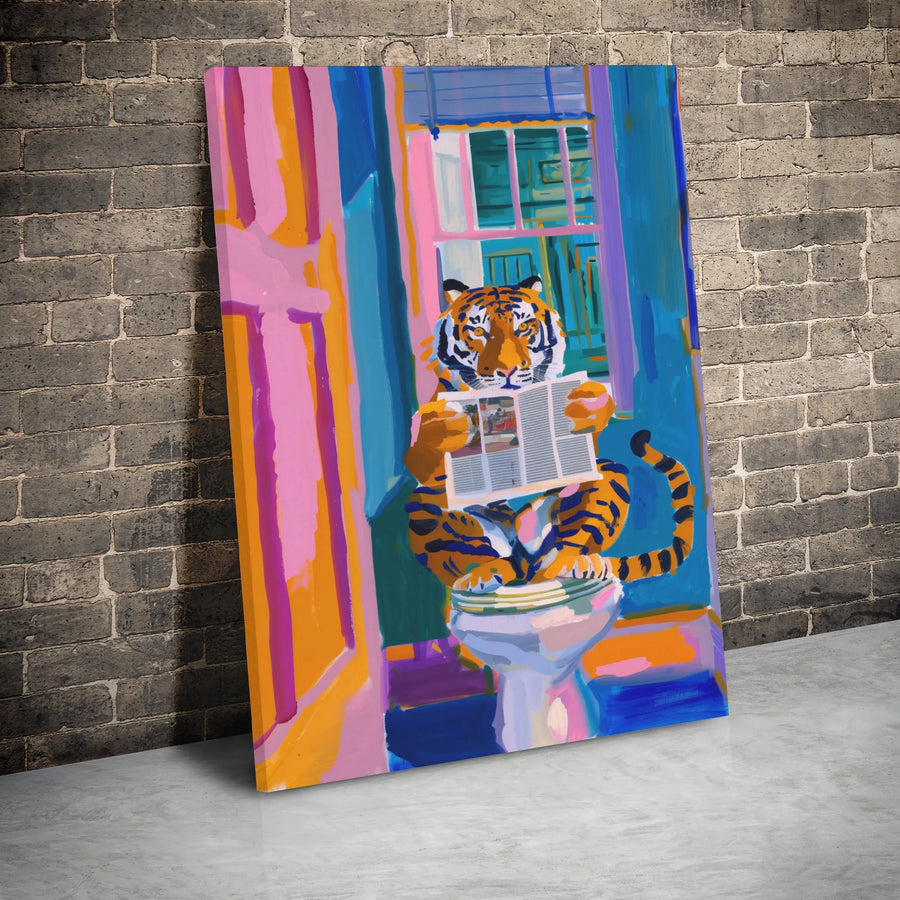 Tiger Reading Newspaper On Toilet Canvas Wall Art | Colorful Pop Art Bathroom Decor | Premium Gallery Wrap Print | Funny Animal Home Gift