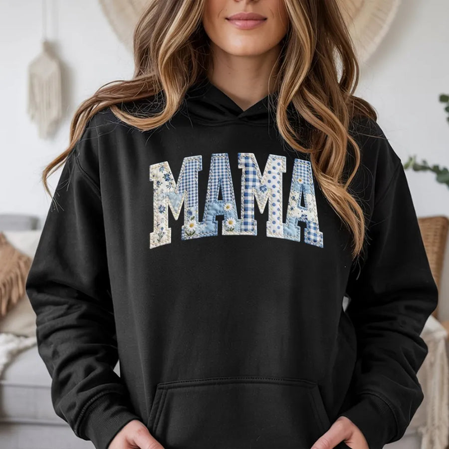 Mama Hoodie | Blue Toile Patchwork Style Floral Print | 100% Soft Cotton | Mother's Day Gift for Mom