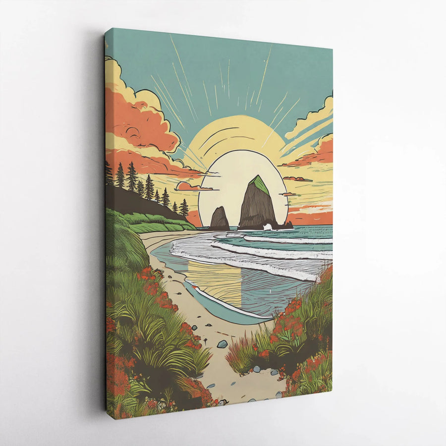Cannon Beach Haystack Rock Canvas | Vintage Oregon Coast Sunset Art | 1.25-Inch Gallery Wrap | Coastal Wall Decor Gift for Nature Lovers