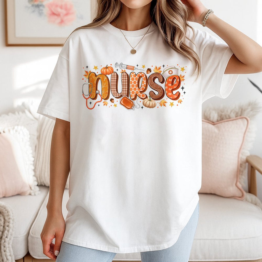 Fall Nurse T-Shirt | Pumpkin Spice Nursing Graphic Tee | 100% Cotton Premium Gift | Cute Autumn RN Appreciation Apparel for Her