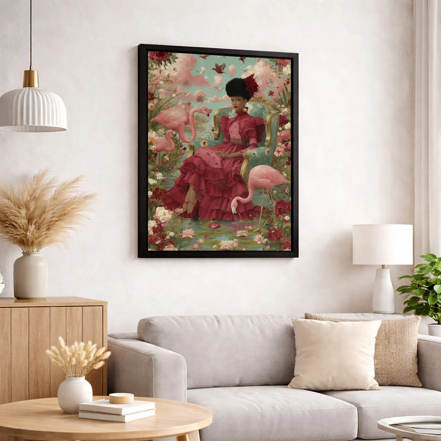 Regal Black Woman Canvas Art | Victorian Red Dress Flamingo Portrait | 1.25-Inch Gallery Wrap | Sophisticated Home Decor Gift
