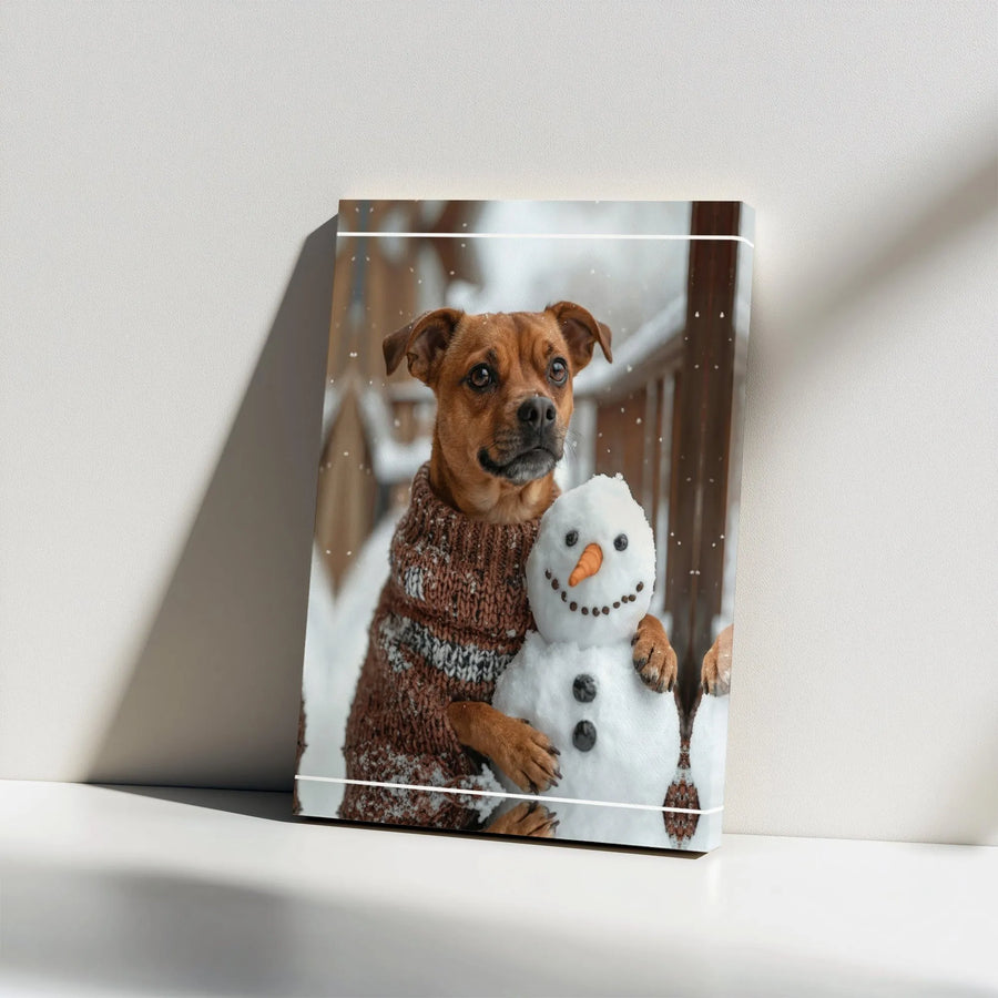Dog Hugging Snowman Canvas Print | Winter Wonderland Pet Wall Art | 1.25-Inch Gallery Wrap | Cozy Holiday Home Decor Gift