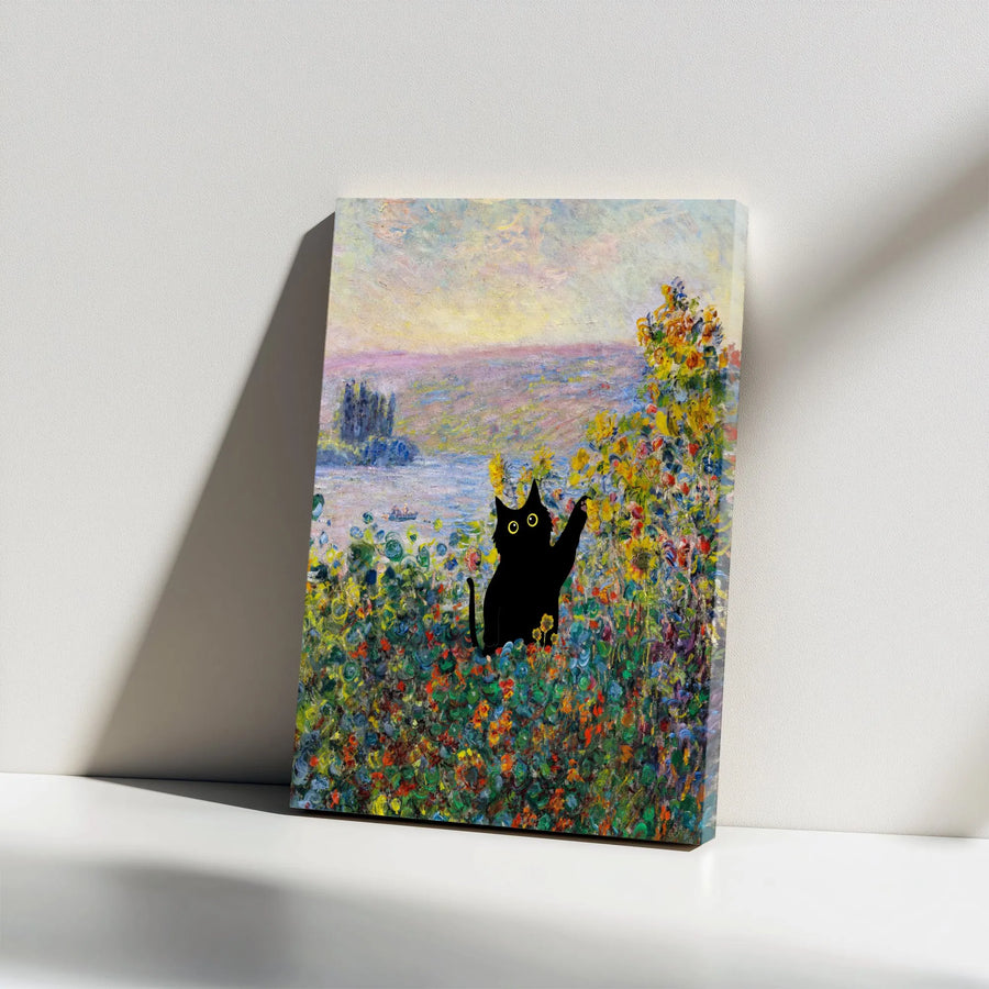 Black Cat Wall Art | Impressionist Monet Style Garden Painting | Premium Gallery Wrapped Canvas | Whimsical Home Decor Gift for Cat Lovers
