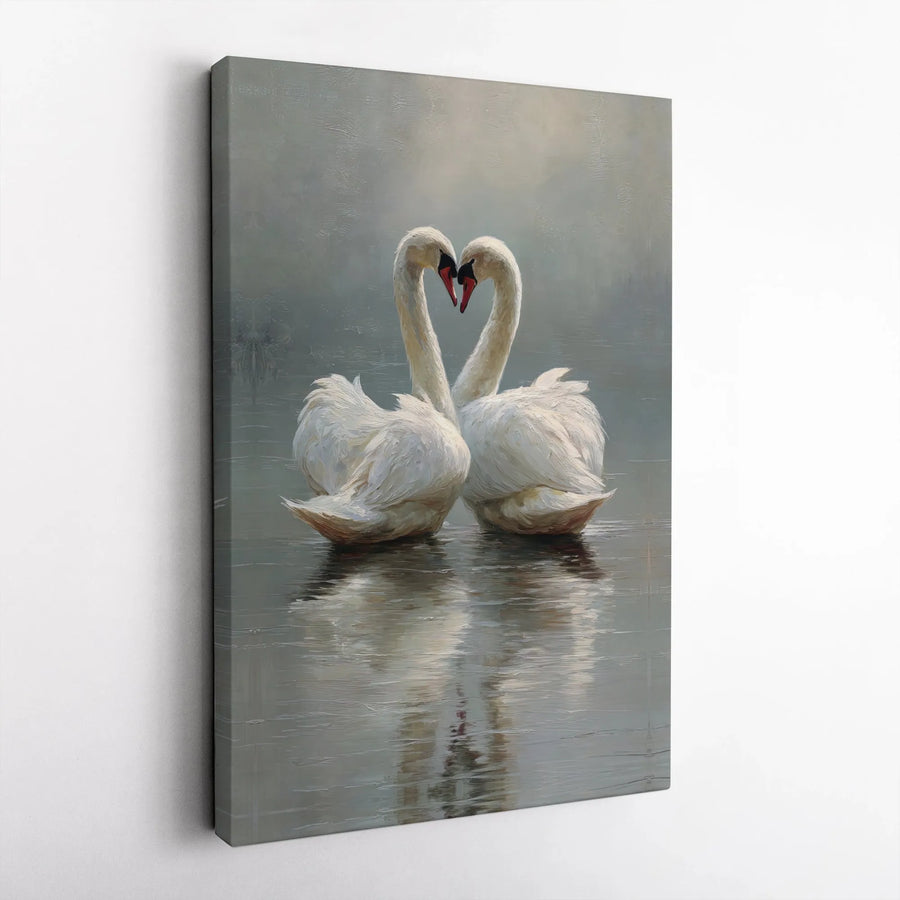 Swan Heart Wall Art | Romantic Painting Print | Premium Gallery Wrapped Canvas | Wedding Anniversary Gift for Couple