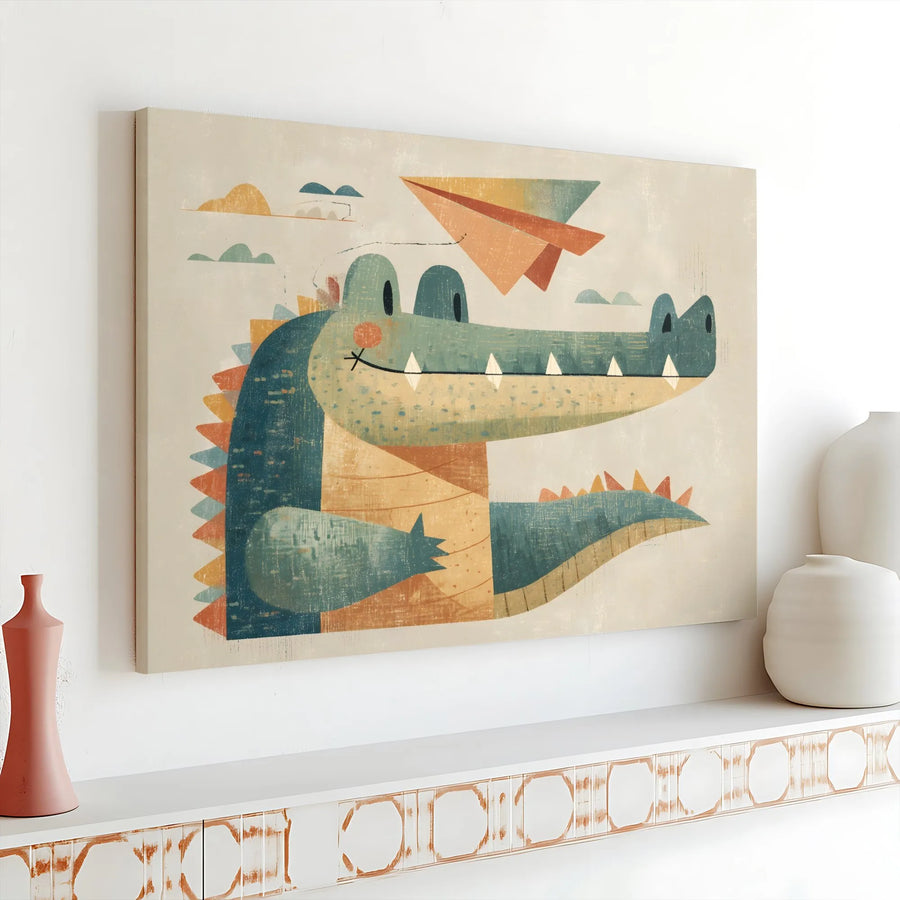 Alligator Canvas Wall Art | Whimsical Nursery Illustration with Paper Airplane | Premium Gallery Wrap 1.25 inch Frame | Cute Gift for Kids Room