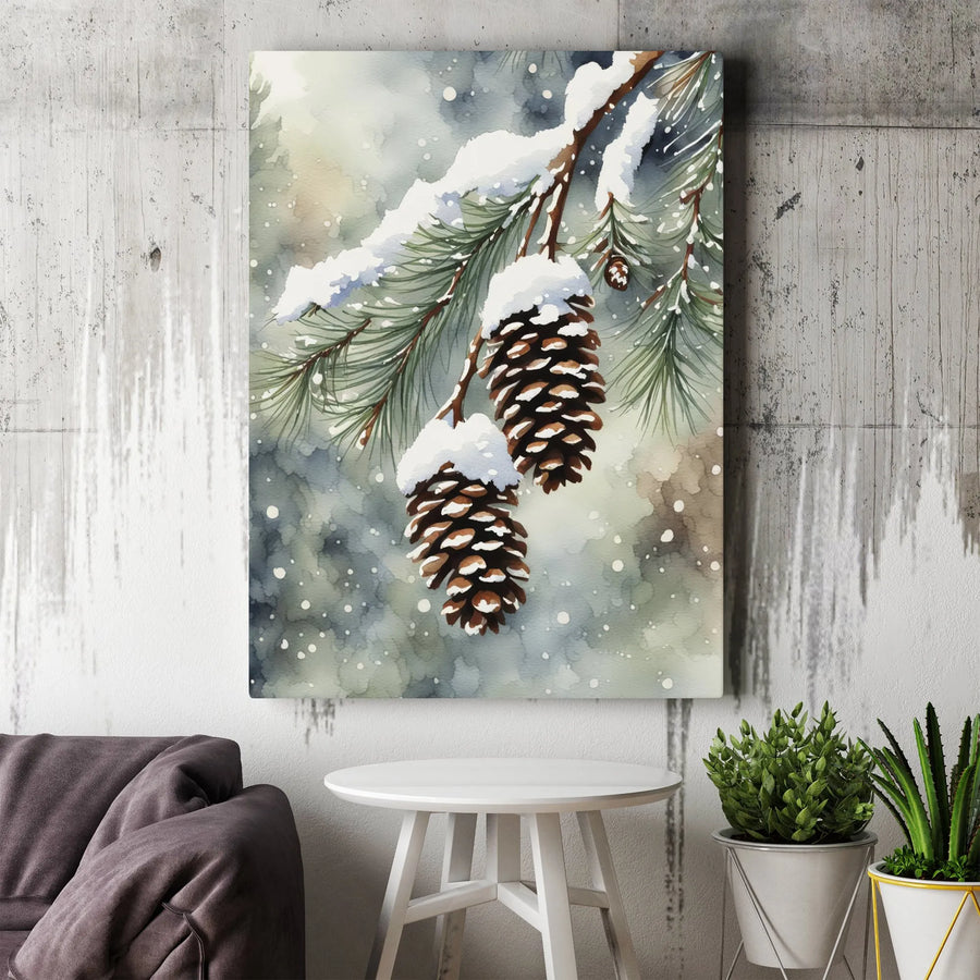 Snowy Pine Cones Canvas Print | Winter Watercolor Forest Art | Premium Fade-Resistant Gallery Wrap | Seasonal Christmas Home Decor Gift