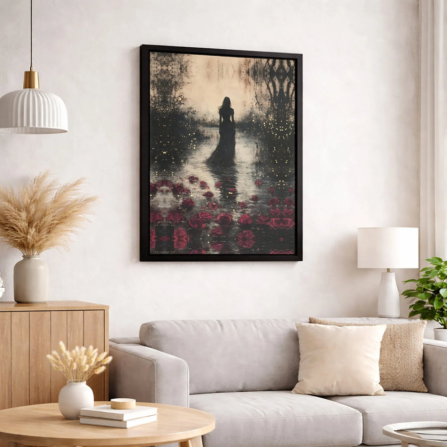 Gothic Woman Canvas Wall Art | Dark Romantic Red Roses & Fireflies | 1.25-Inch Gallery Wrap | Premium Moody Home Decor Gift