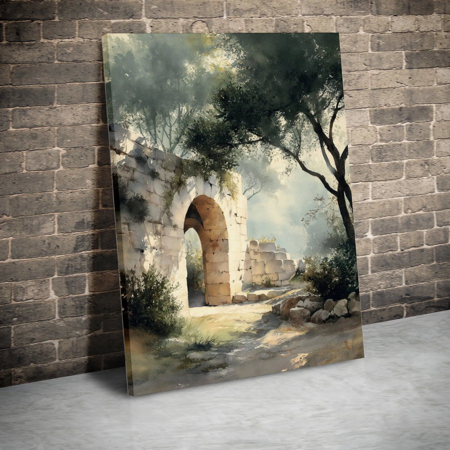 Ancient Ruins Watercolor Vertical Canvas | Sunlit Stone Archway Print | Premium Gallery-Wrapped Art | Historical Home Decor Gift