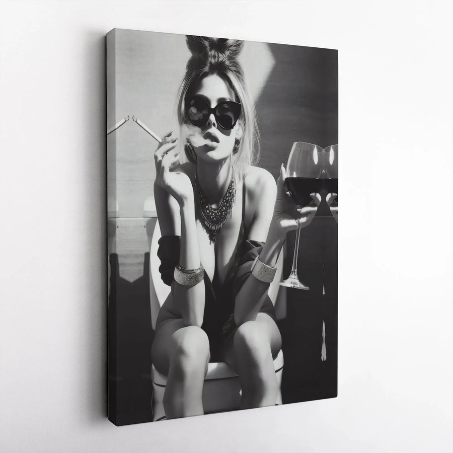 Black and White Woman Smoking Wall Art | Edgy Bathroom Decor Portrait | Premium 1.25-Inch Thick Gallery Canvas | Bold Modern Home Decor Gift