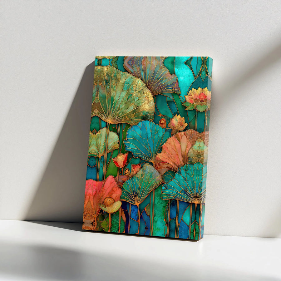 Art Nouveau Lotus Canvas Print | Stained Glass Style Botanical Art | Thick Gallery Wrapped Canvas | Modern Zen Wall Decor Gift