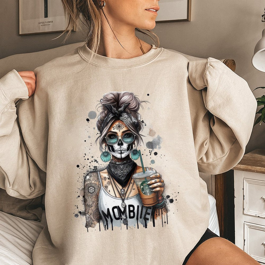 Mombie Sweatshirt | Funny Skull Mom Coffee Graphic | Premium Cotton Blend Crewneck | Sarcastic Parenting Gift for Her
