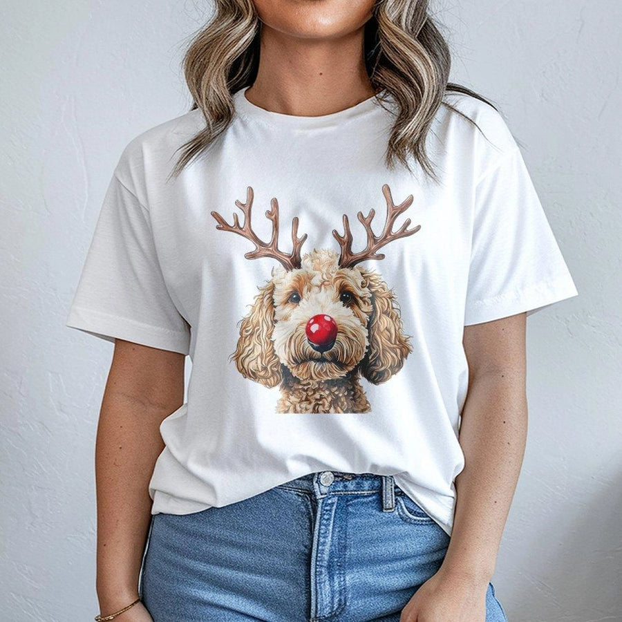 Goldendoodle Christmas T-Shirt | Reindeer Antlers and Red Nose Design | Premium 100% Cotton | Funny Dog Lover Holiday Gift