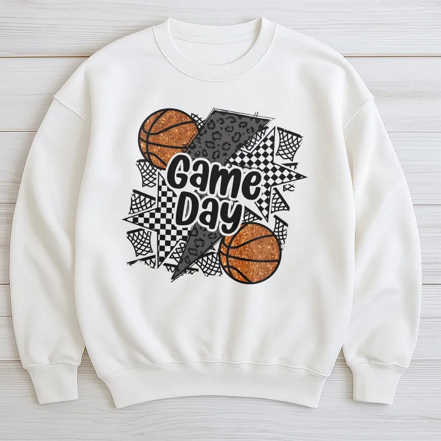 Game Day Basketball Sweatshirt | Glitter Faux Sequin Design | Premium Cotton Blend | Basketball Mom Gift and Sports Fan Apparel