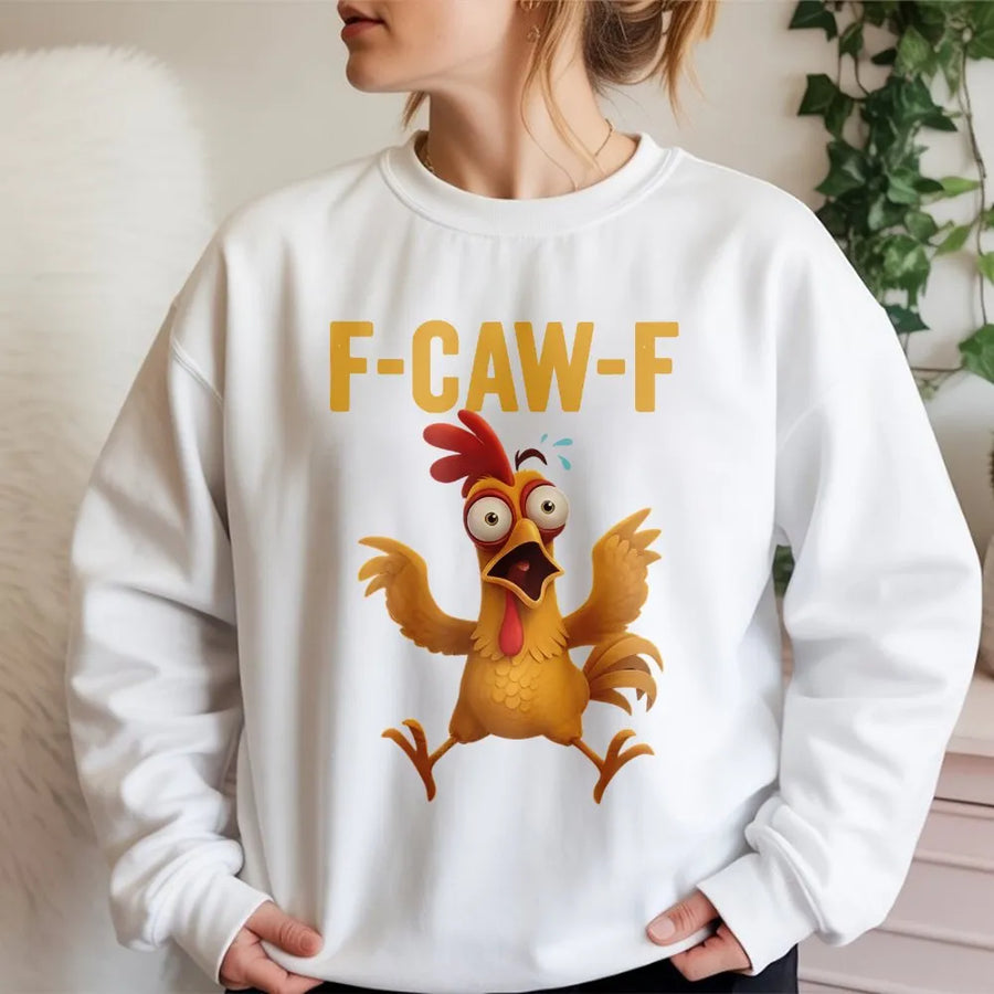 Funny Screaming Chicken Sweatshirt | F-Caw-F Cartoon Rooster Design | Premium Cotton Blend Crewneck | Humorous Meme Apparel Gift for Animal Lovers