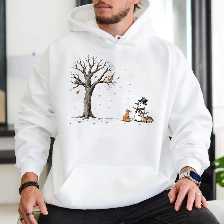 Winter Forest Animals Hoodie | Cute Snowman and Woodland Critters Graphic | Premium Cotton Blend | Holiday Gift for Nature Lovers