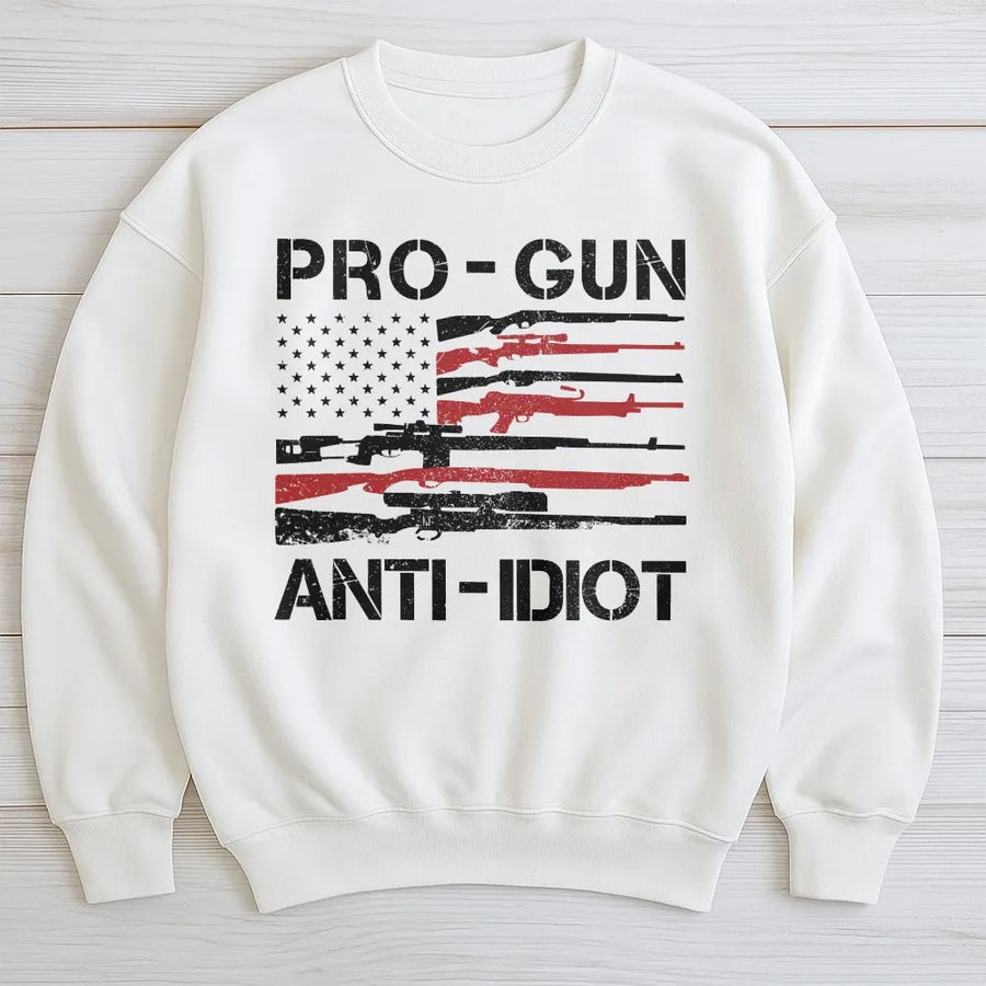 Pro Gun Anti Idiot Sweatshirt | Patriotic American Flag Rifle Design | Soft Cotton Blend Apparel | 2A Supporter Gift for Men and Women