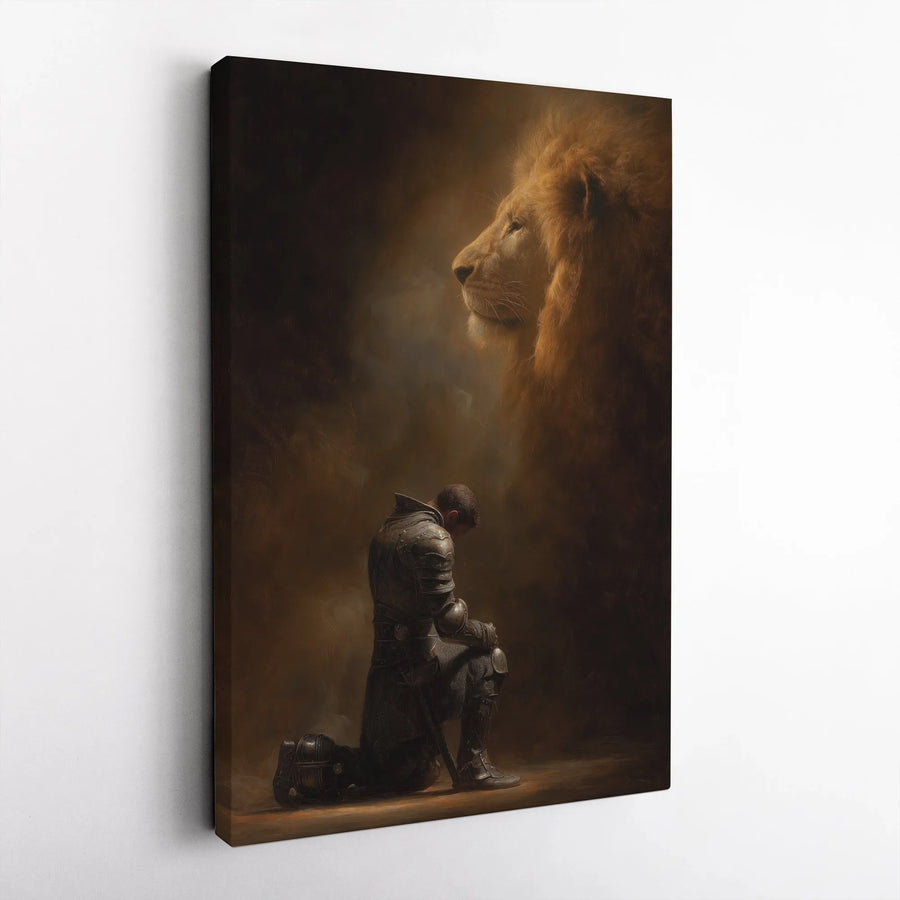 Lion of Judah and Knight Vertical Canvas | Inspirational Christian Faith Art | High-Quality Frameless Print | Religious Home Decor Gift for Men
