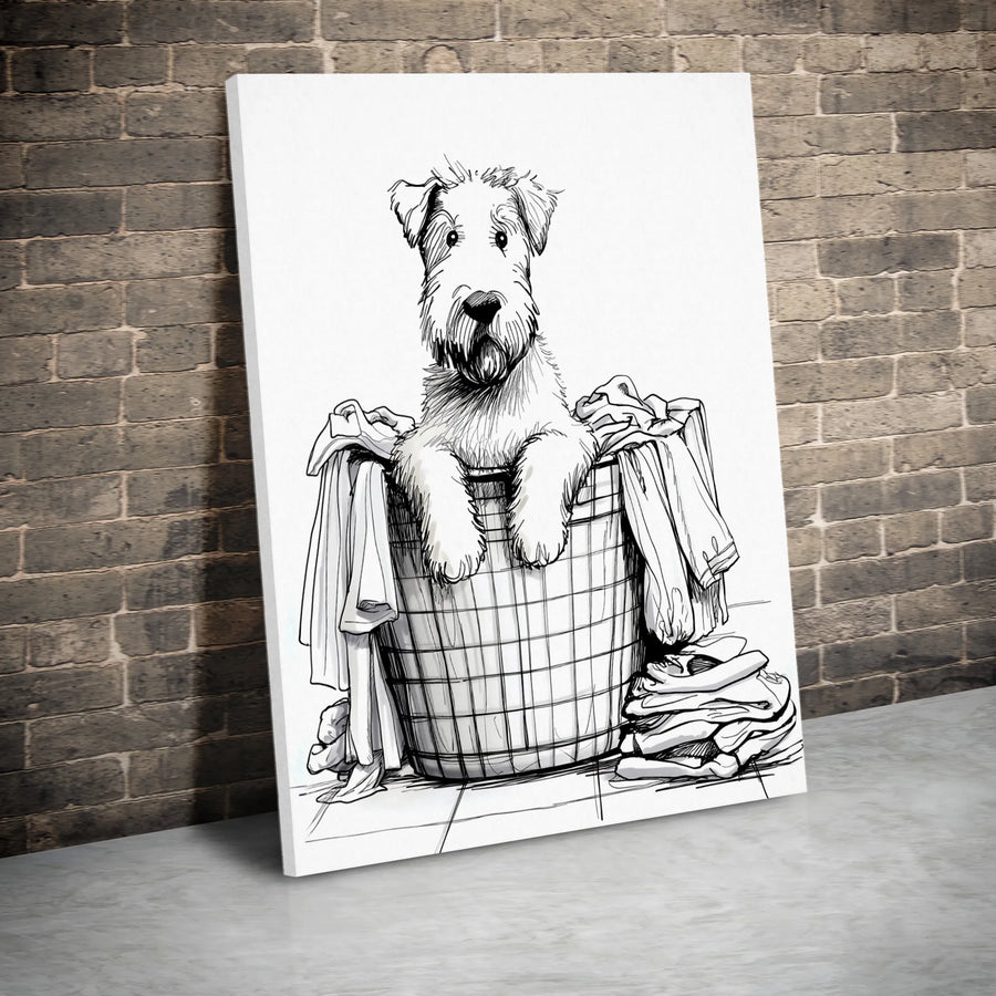 Terrier Dog Wall Art | Hand-Drawn Sketch In Laundry Basket | 1.25" Premium Gallery Wrapped Canvas | Charming Animal Home Decor Gift